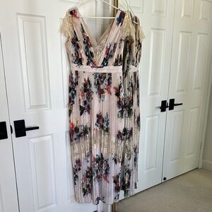 Little Mistress Cream and Pink Pleated Midi Sundress